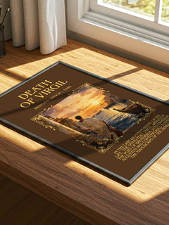 Death of Virgil Minimalist Book Poster by Hermann Broch – print on a sunlit desk