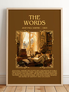 The Words Minimalist Book Poster by Jean Paul Sartre – framed print leaning on a wooden floor