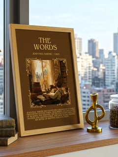 The Words Minimalist Book Poster by Jean Paul Sartre – framed print on a city-view windowsill