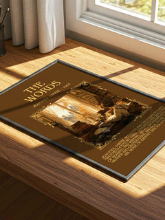 The Words Minimalist Book Poster by Jean Paul Sartre – print on a sunlit desk