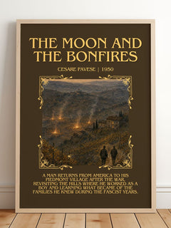 The Moon and the Bonfires Minimalist Book Poster by Cesare Pavese – framed print leaning on a wooden floor