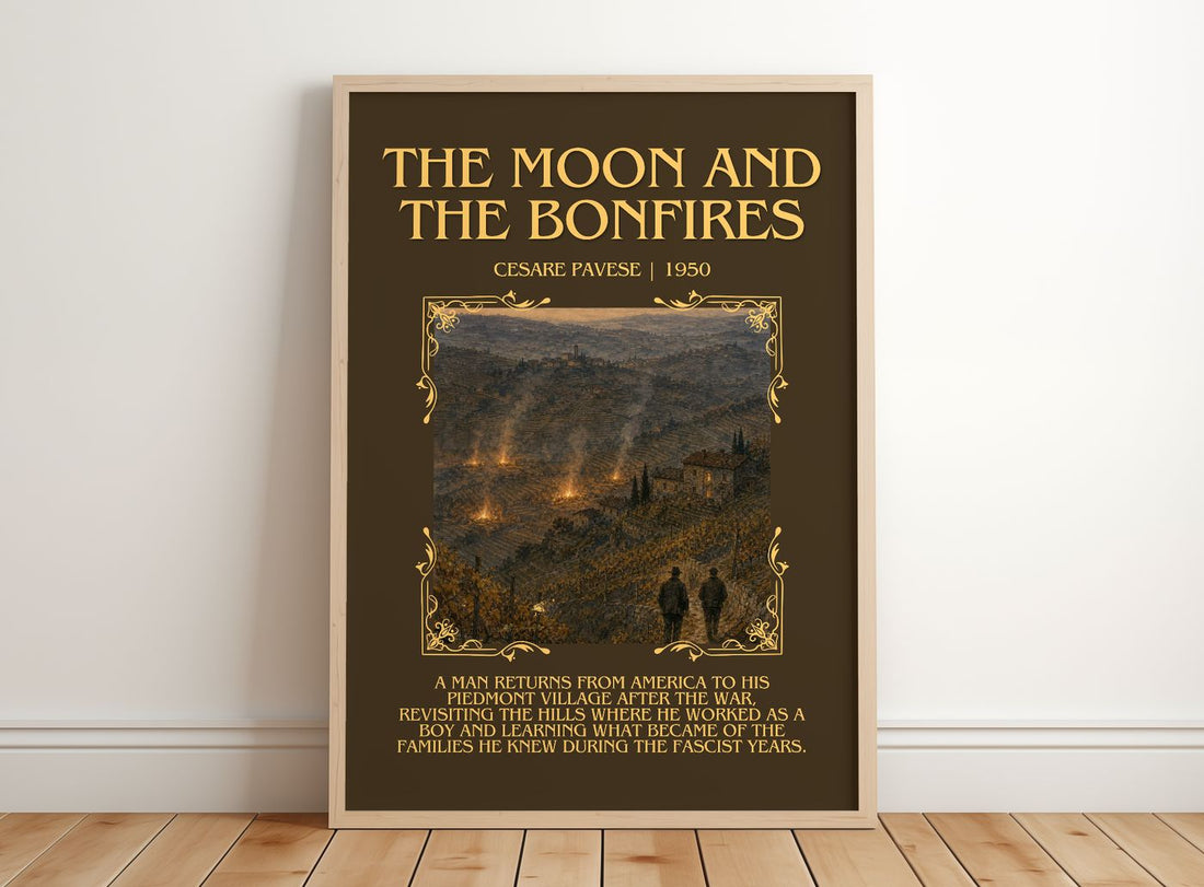 The Moon and the Bonfires Minimalist Book Poster by Cesare Pavese – framed print leaning on a wooden floor