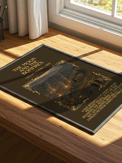 The Moon and the Bonfires Minimalist Book Poster by Cesare Pavese – print on a sunlit desk