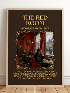 The Red Room Minimalist Book Poster by August Strindberg – framed print leaning on a wooden floor