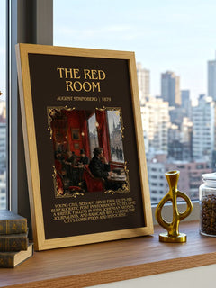 The Red Room Minimalist Book Poster by August Strindberg – framed print on a city-view windowsill