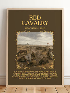 Red Cavalry Minimalist Book Poster by Isaac Babel – framed print leaning on a wooden floor