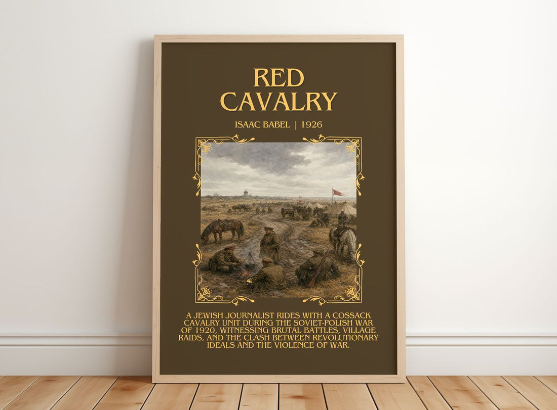 Red Cavalry Minimalist Book Poster by Isaac Babel – framed print leaning on a wooden floor