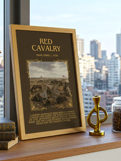 Red Cavalry Minimalist Book Poster by Isaac Babel – framed print on a city-view windowsill