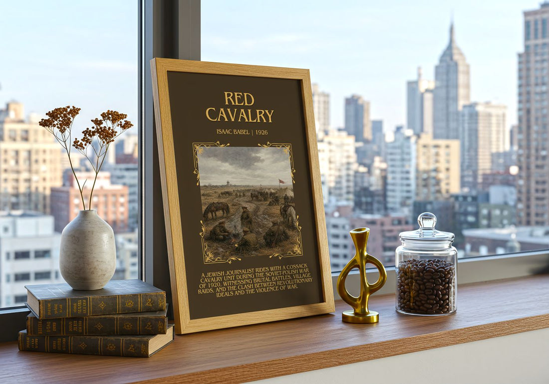 Red Cavalry Minimalist Book Poster by Isaac Babel – framed print on a city-view windowsill