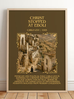 Christ Stopped at Eboli Minimalist Book Poster by Carlo Levi – framed print leaning on a wooden floor
