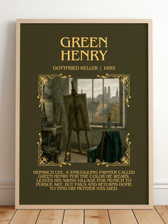 Green Henry Minimalist Book Poster by Gottfried Keller – framed print leaning on a wooden floor