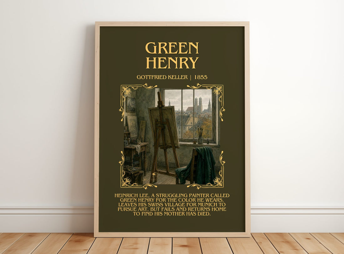 Green Henry Minimalist Book Poster by Gottfried Keller – framed print leaning on a wooden floor
