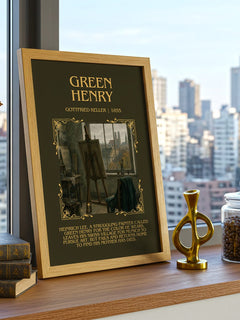 Green Henry Minimalist Book Poster by Gottfried Keller – framed print on a city-view windowsill
