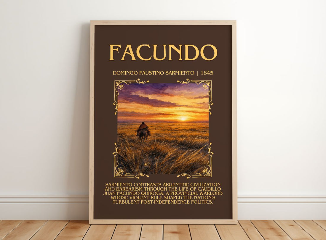 Facundo Minimalist Book Poster by Domingo Faustino Sarmiento – framed print leaning on a wooden floor