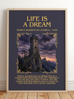 Life Is a Dream Minimalist Book Poster by Pedro Calderón de la Barca – framed print leaning on a wooden floor