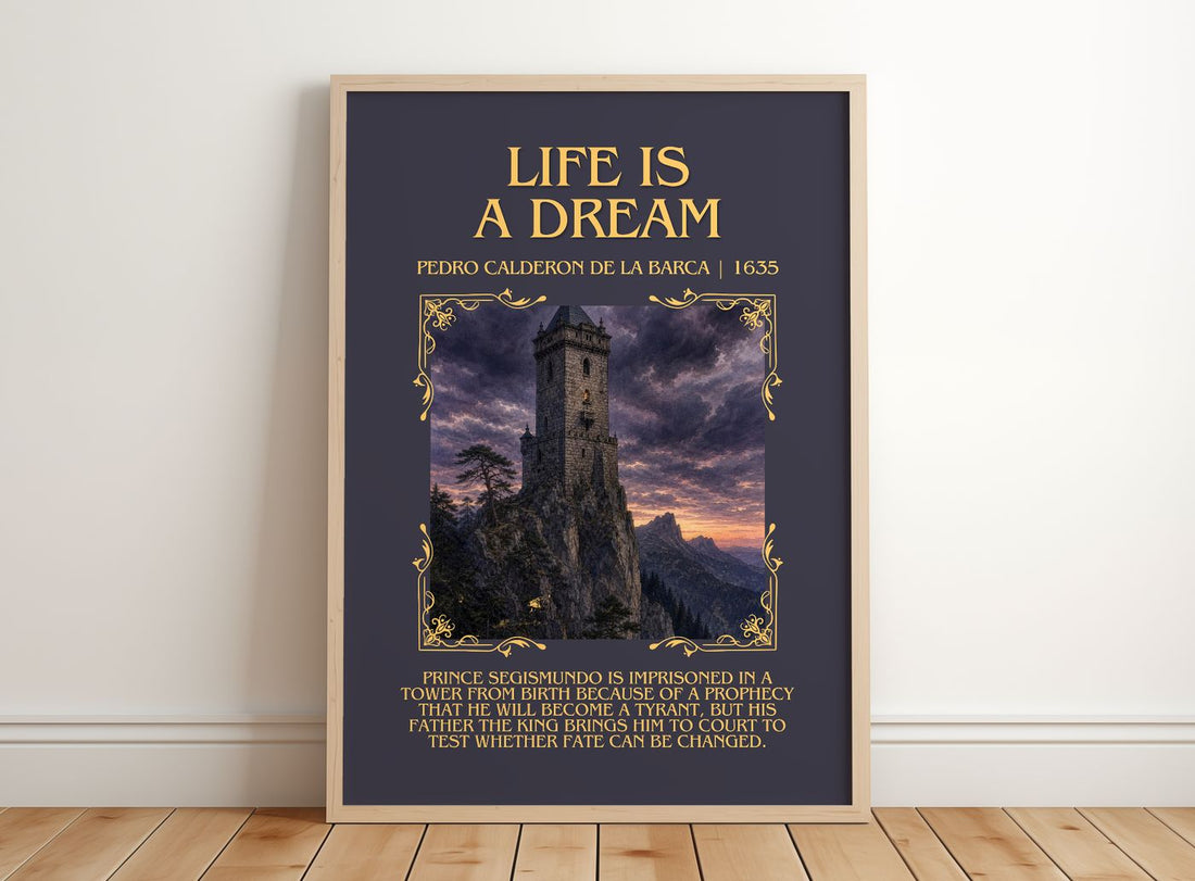 Life Is a Dream Minimalist Book Poster by Pedro Calderón de la Barca – framed print leaning on a wooden floor