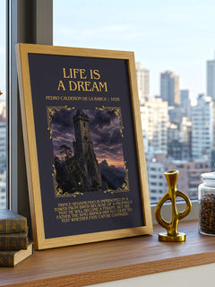 Life Is a Dream Minimalist Book Poster by Pedro Calderón de la Barca – framed print on a city-view windowsill