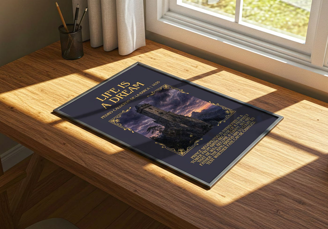 Life Is a Dream Minimalist Book Poster by Pedro Calderón de la Barca – print on a sunlit desk