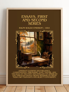 Essays, First And Second Series Minimalist Book Poster by R. Emerson – framed print leaning on a wooden floor
