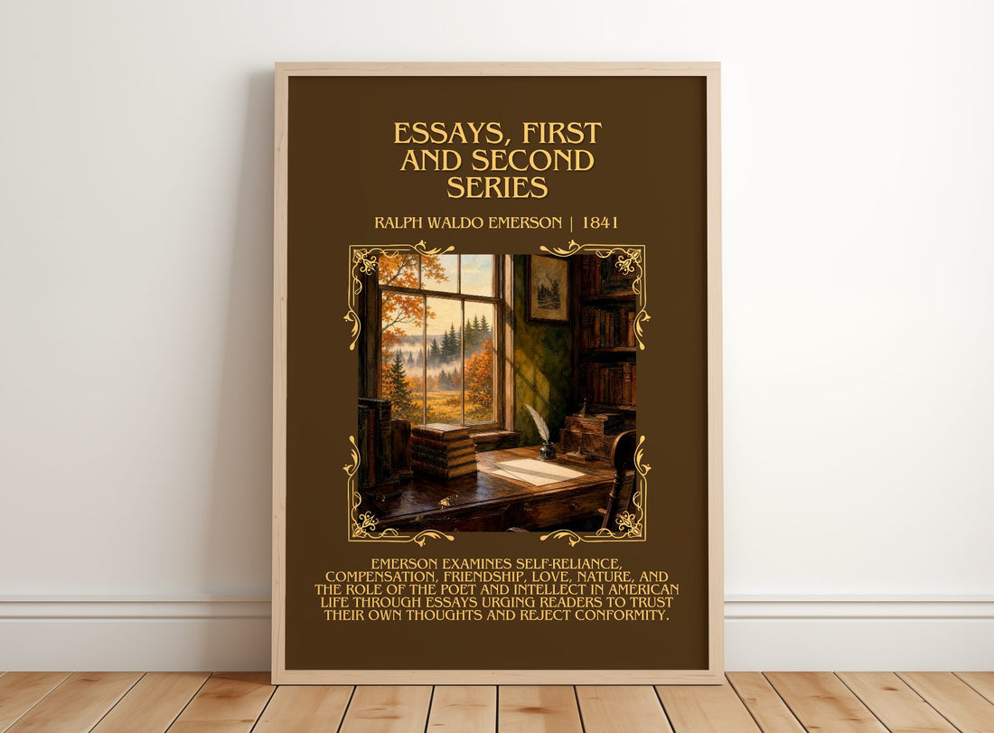 Essays, First And Second Series Minimalist Book Poster by R. Emerson – framed print leaning on a wooden floor