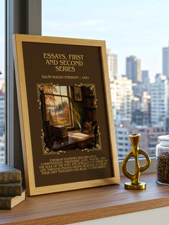 Essays, First And Second Series Minimalist Book Poster by R. Emerson – framed print on a city-view windowsill