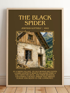 The Black Spider Minimalist Book Poster by Jeremias Gotthelf – framed print leaning on a wooden floor