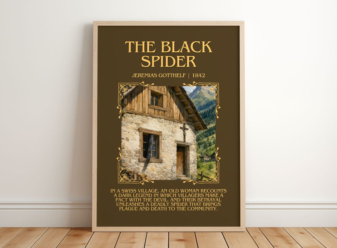 The Black Spider Minimalist Book Poster by Jeremias Gotthelf – framed print leaning on a wooden floor