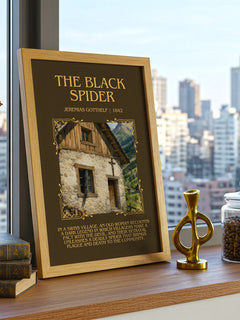 The Black Spider Minimalist Book Poster by Jeremias Gotthelf – framed print on a city-view windowsill