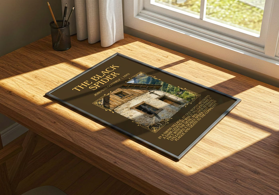 The Black Spider Minimalist Book Poster by Jeremias Gotthelf – print on a sunlit desk