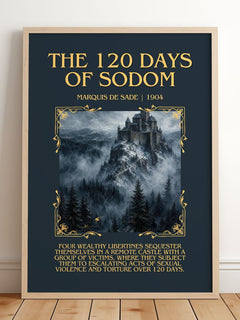 The 120 Days of Sodom Minimalist Book Poster by Marquis de Sade – framed print leaning on a wooden floor