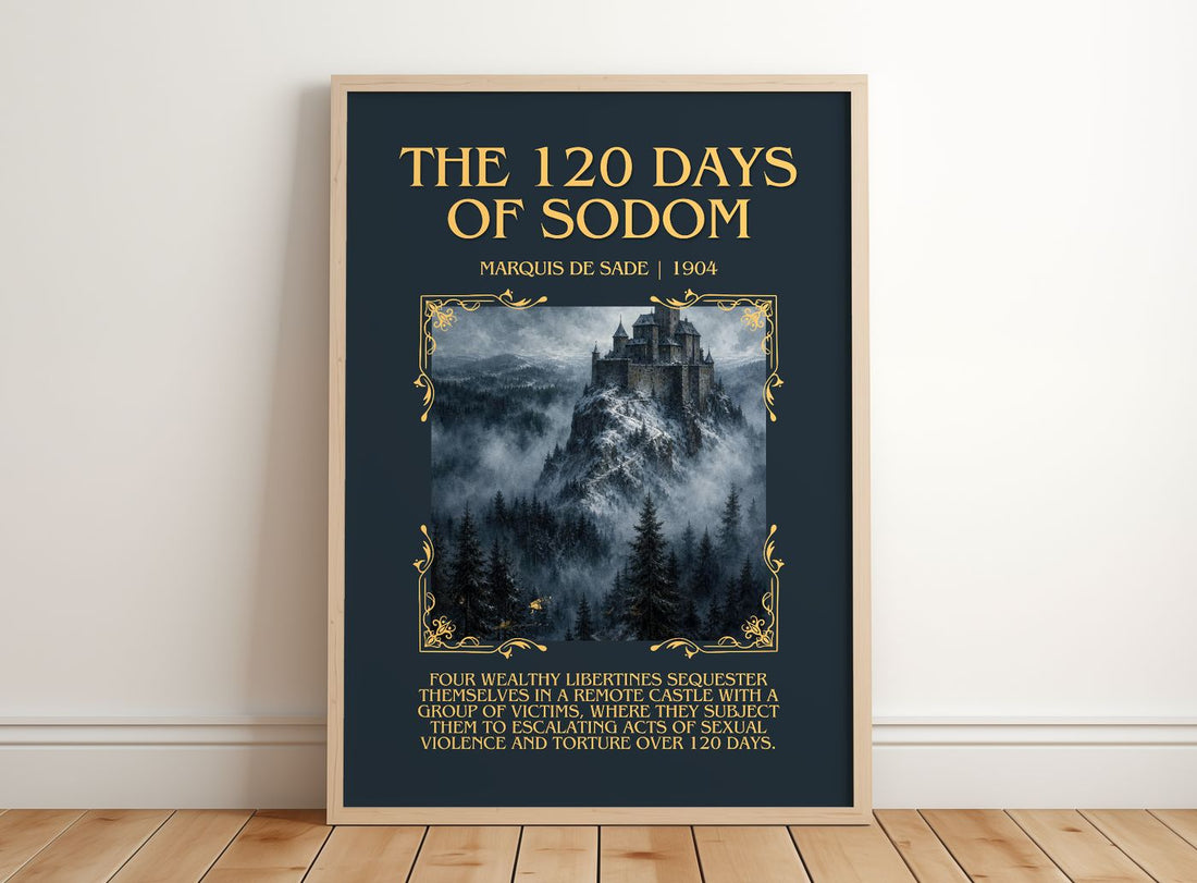 The 120 Days of Sodom Minimalist Book Poster by Marquis de Sade – framed print leaning on a wooden floor