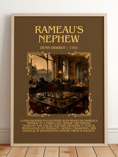 Rameau's Nephew Minimalist Book Poster by Denis Diderot – framed print leaning on a wooden floor