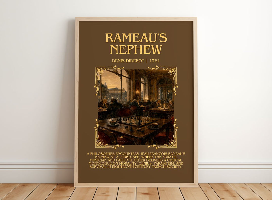 Rameau's Nephew Minimalist Book Poster by Denis Diderot – framed print leaning on a wooden floor