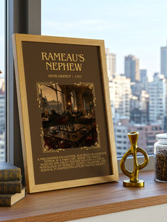 Rameau's Nephew Minimalist Book Poster by Denis Diderot – framed print on a city-view windowsill