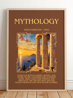 Mythology Minimalist Book Poster by Edith Hamilton – framed print leaning on a wooden floor