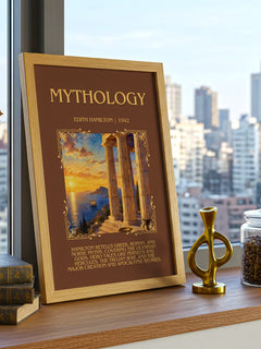 Mythology Minimalist Book Poster by Edith Hamilton – framed print on a city-view windowsill