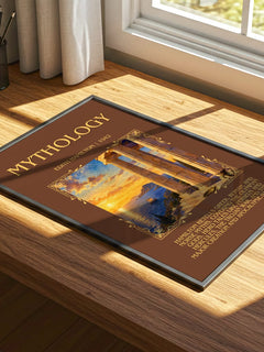 Mythology Minimalist Book Poster by Edith Hamilton – print on a sunlit desk