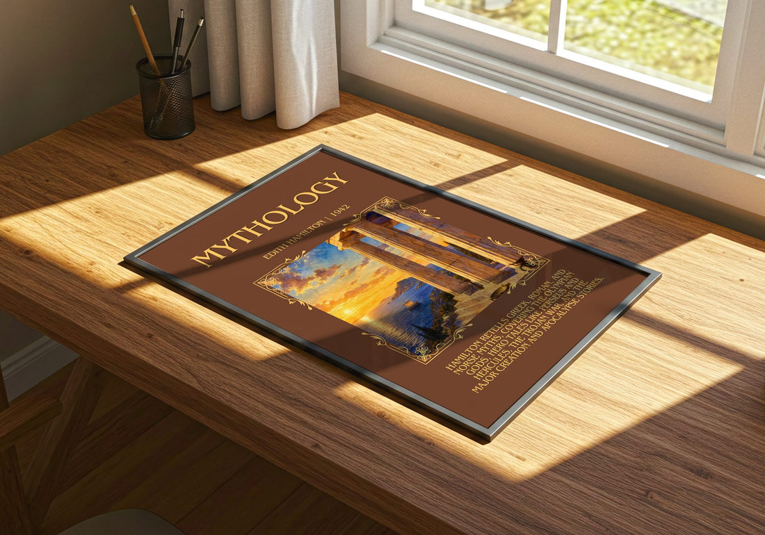 Mythology Minimalist Book Poster by Edith Hamilton – print on a sunlit desk