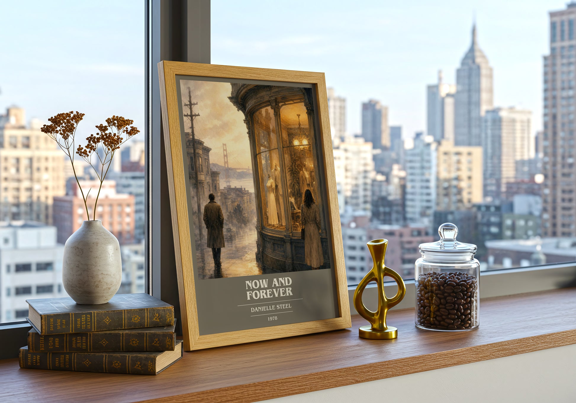 Now And Forever book cover print framed by window – literary home decor