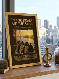 In The Heart Of The Seas Minimalist Book Poster by Shmuel Yosef Agnon – framed print on a city-view windowsill