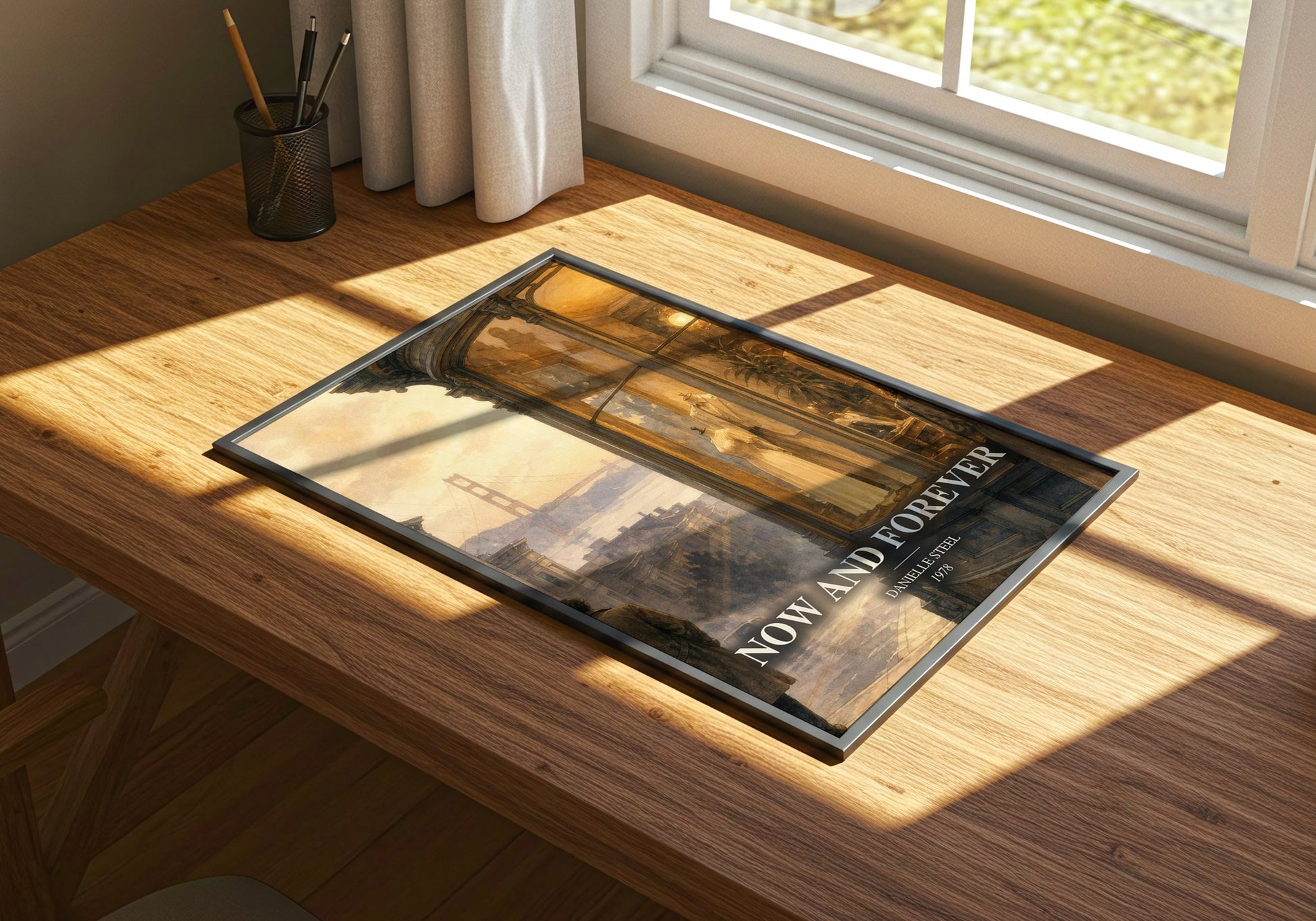 Now And Forever watercolour book poster framed on wall – romance wall art