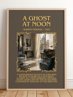 A Ghost at Noon Minimalist Book Poster by Alberto Moravia – framed print leaning on a wooden floor