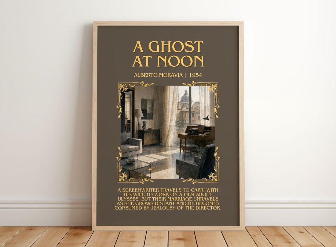 A Ghost at Noon Minimalist Book Poster by Alberto Moravia – framed print leaning on a wooden floor