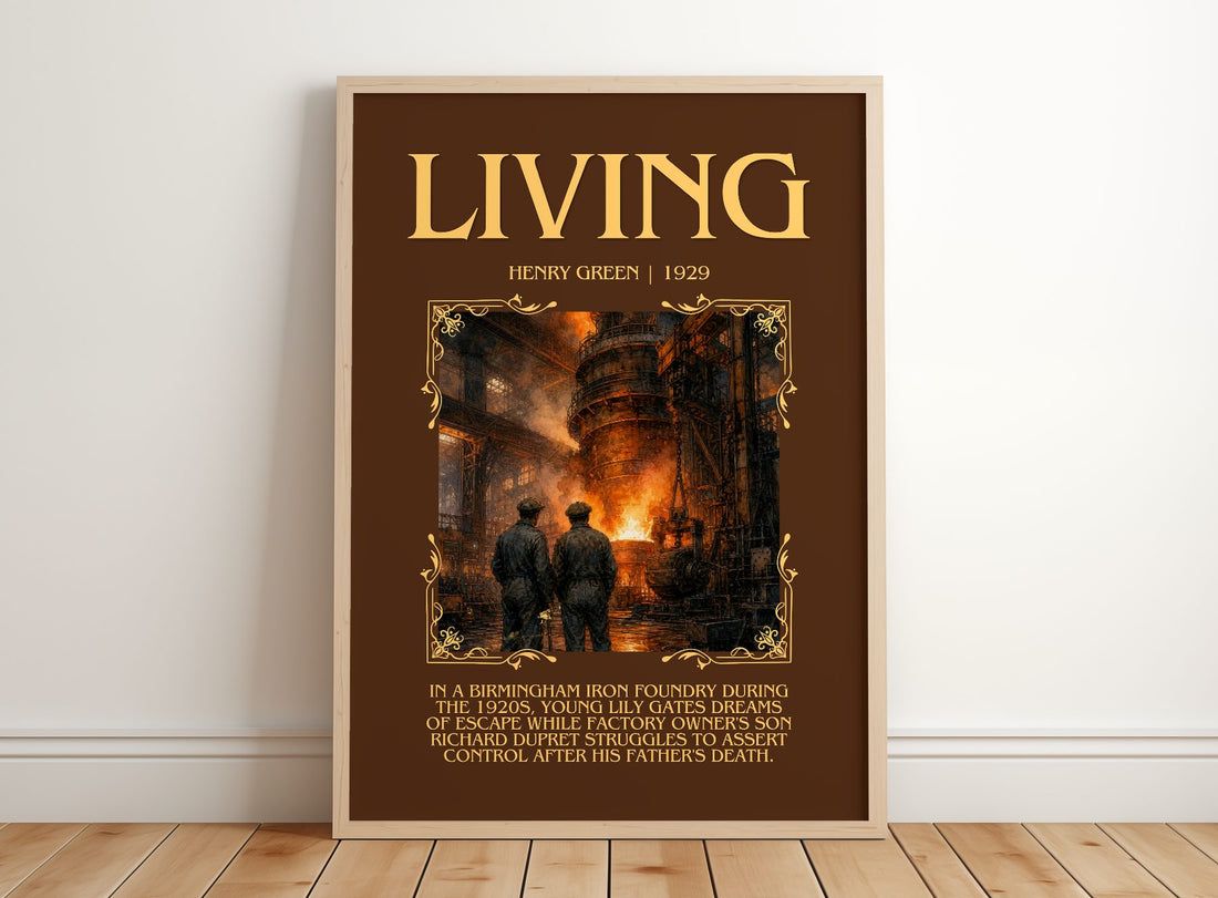 Living Minimalist Book Poster by Henry Green – framed print leaning on a wooden floor
