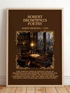 Robert Browning's Poetry Minimalist Book Poster by Robert Browning – framed print leaning on a wooden floor