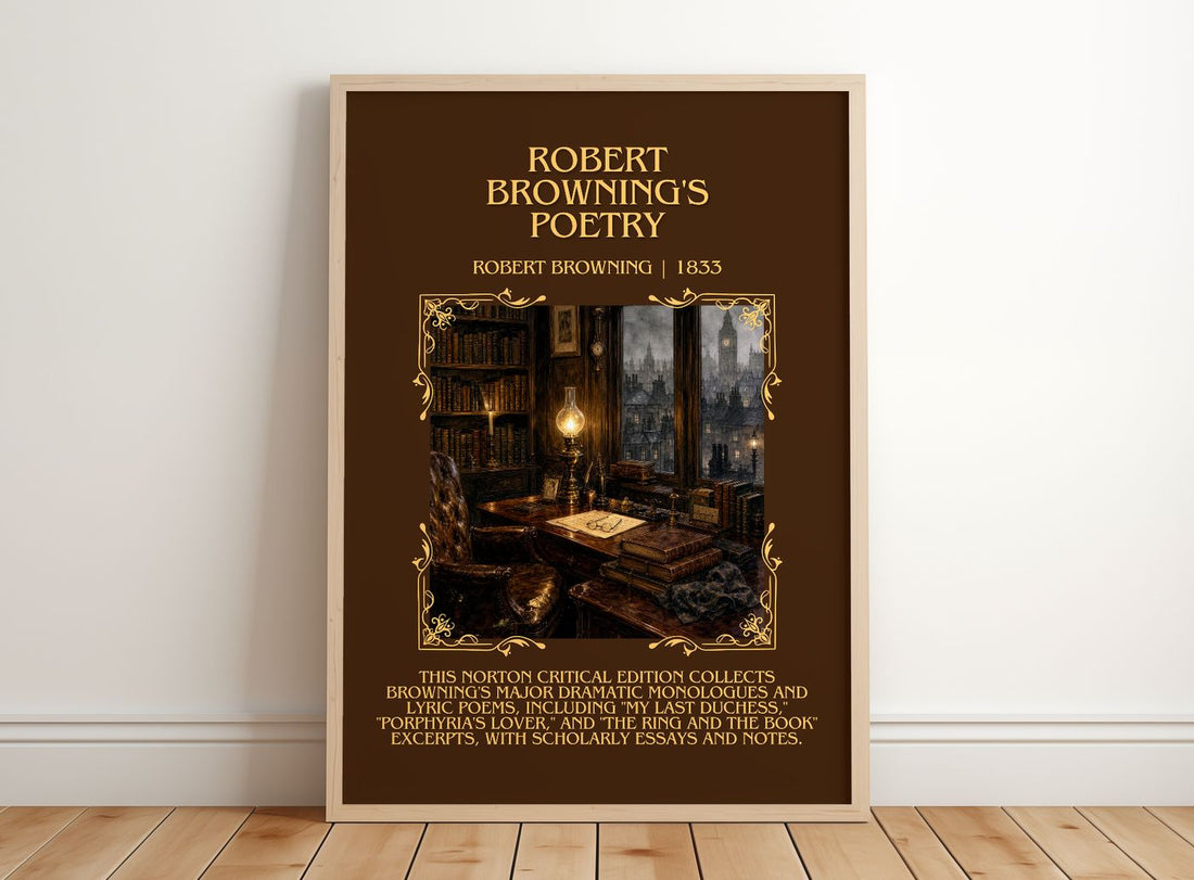 Robert Browning's Poetry Minimalist Book Poster by Robert Browning – framed print leaning on a wooden floor