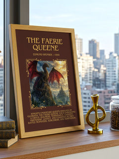 The Faerie Queene Minimalist Book Poster by Edmund Spenser – framed print on a city-view windowsill
