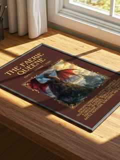 The Faerie Queene Minimalist Book Poster by Edmund Spenser – print on a sunlit desk