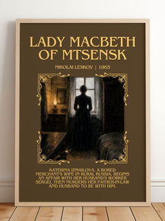 Lady Macbeth Of Mtsensk Minimalist Book Poster by Nikolai Leskov – framed print leaning on a wooden floor