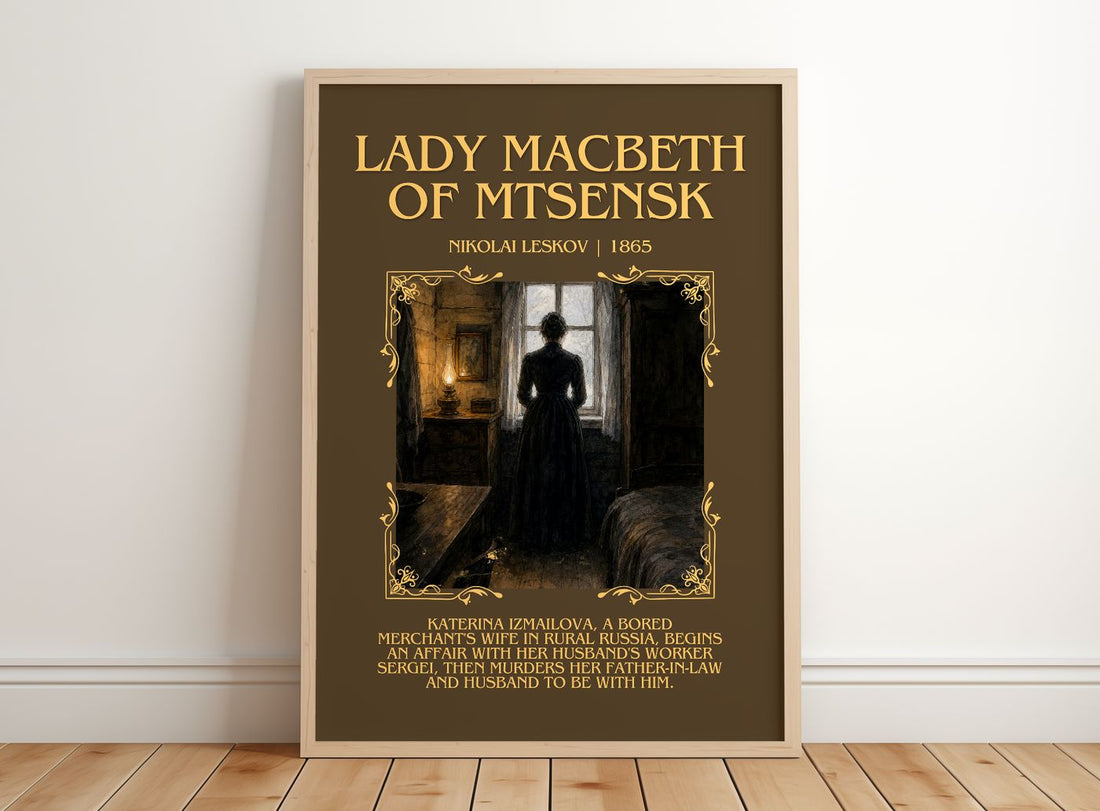 Lady Macbeth Of Mtsensk Minimalist Book Poster by Nikolai Leskov – framed print leaning on a wooden floor